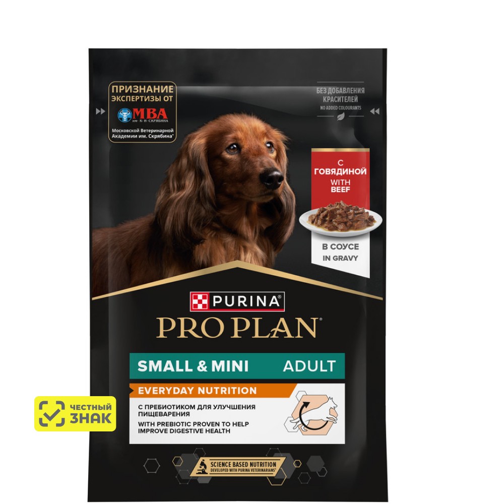 PRO PLAN® Влажный корм (пауч) для взрослых собак мелких и карликовых пород, с говядиной в соусе, 85 гр.