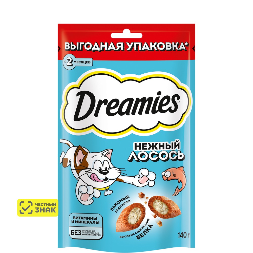 

Dreamies Лакомство Подушечки с лососем для кошек, 140 гр.