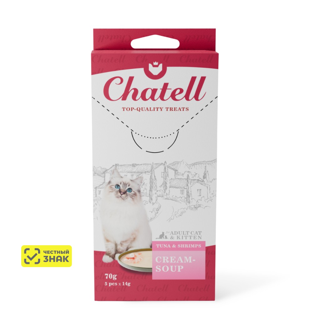 Chatell Лакомство Крем-суп для кошек, с тунцом и креветками, 5 шт., 70 гр.
