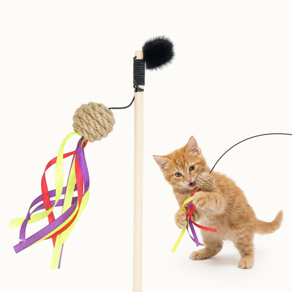 

Pet hobby Игрушка-дразнилка из джута для кошек Шарик с лентами, игрушка 15х3х3 см, палка 50 см, длина резинки 47 см, Разноцветный