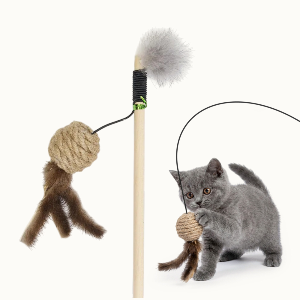 

Pet hobby Игрушка-дразнилка из джута для кошек Шарик с хвостиками, размер игрушки 7,5х3х3 см, палкa 50 см, длина резинки 46 см, Разноцветный