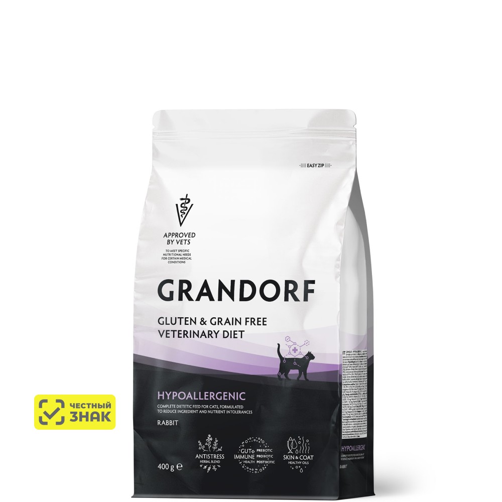 GRANDORF Vet Hypoallergenic Сухой корм для кошек с пищевой аллергией или непереносимостью, с кроликом, 400 гр.