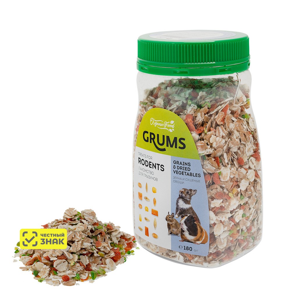

GRUMS Лакомство для грызунов Пшеничные хлопья, ячмень, кукуруза и морковь, 180 гр.