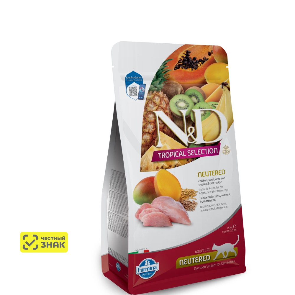 

Farmina ND Tropical Selection Сухой корм для стерилизованных кошек и кастрированных котов, курица, 1,5 кг
