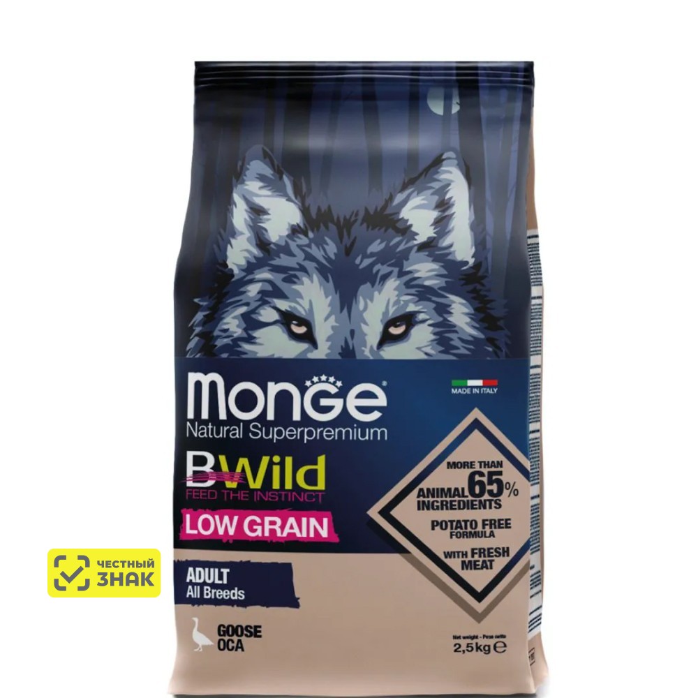 

Monge BWild Feed the Instinct Low Grain Сухой корм низкозерновой для взрослых собак всех пород, из мяса гуся, 2,5 кг