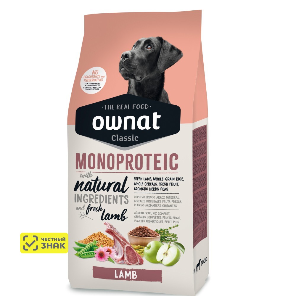Ownat Classic Monoproteic Сухой монопротеиновый корм для собак, с ягненком, 12 кг