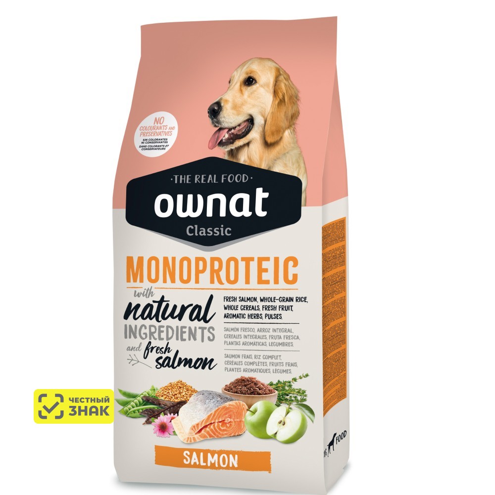 Ownat Classic Monoproteic Сухой монопротеиновый корм для собак, с лососем, 12 кг