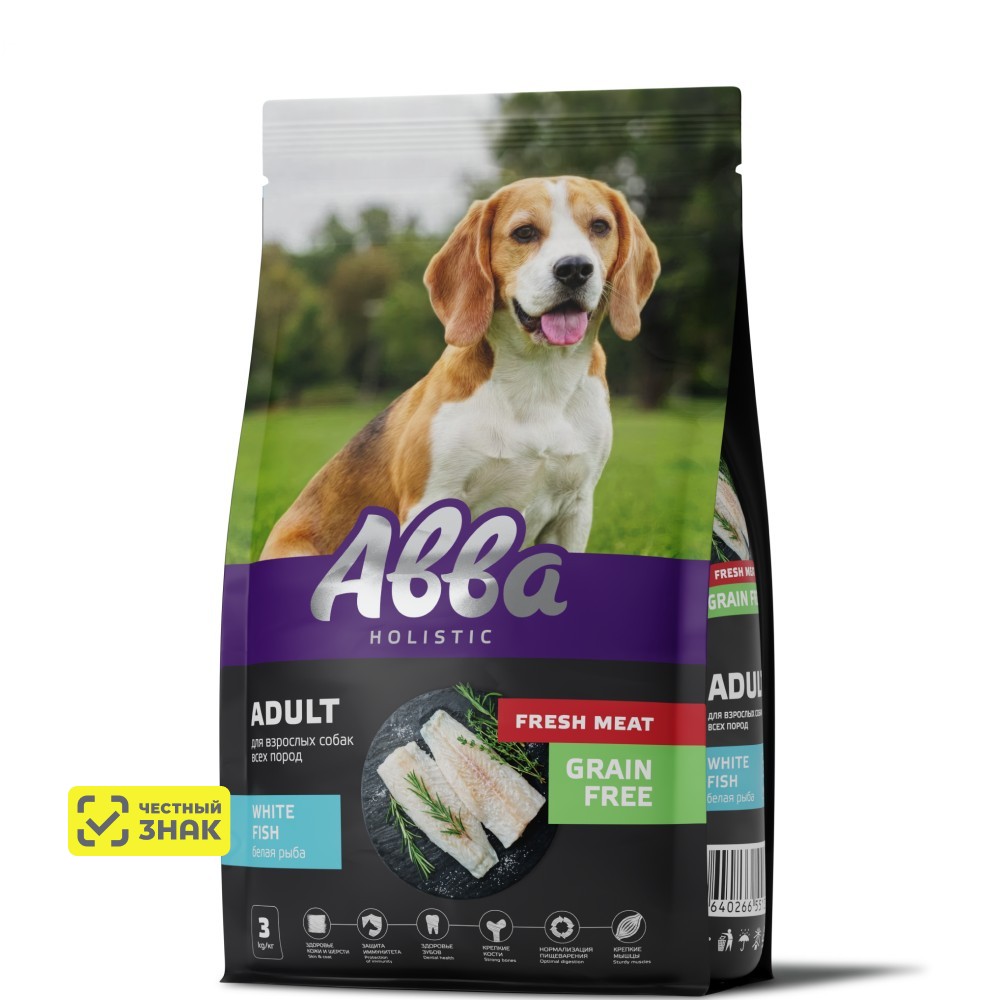 АВВА Holistic Fresh Meat Сухой корм беззерновой для взрослых собак всех пород, с белой рыбой, 3 кг