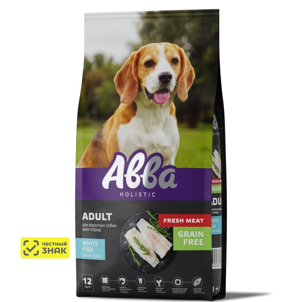 АВВА Holistic Fresh Meat Сухой корм беззерновой для взрослых собак всех пород, с белой рыбой, 12 кг
