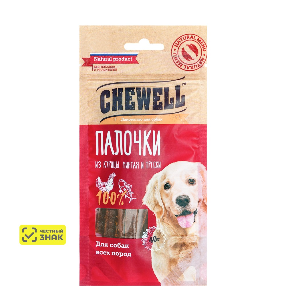 

Chewell Лакомство Палочки из курицы, минтая и трески для собак всех пород, 40 гр.