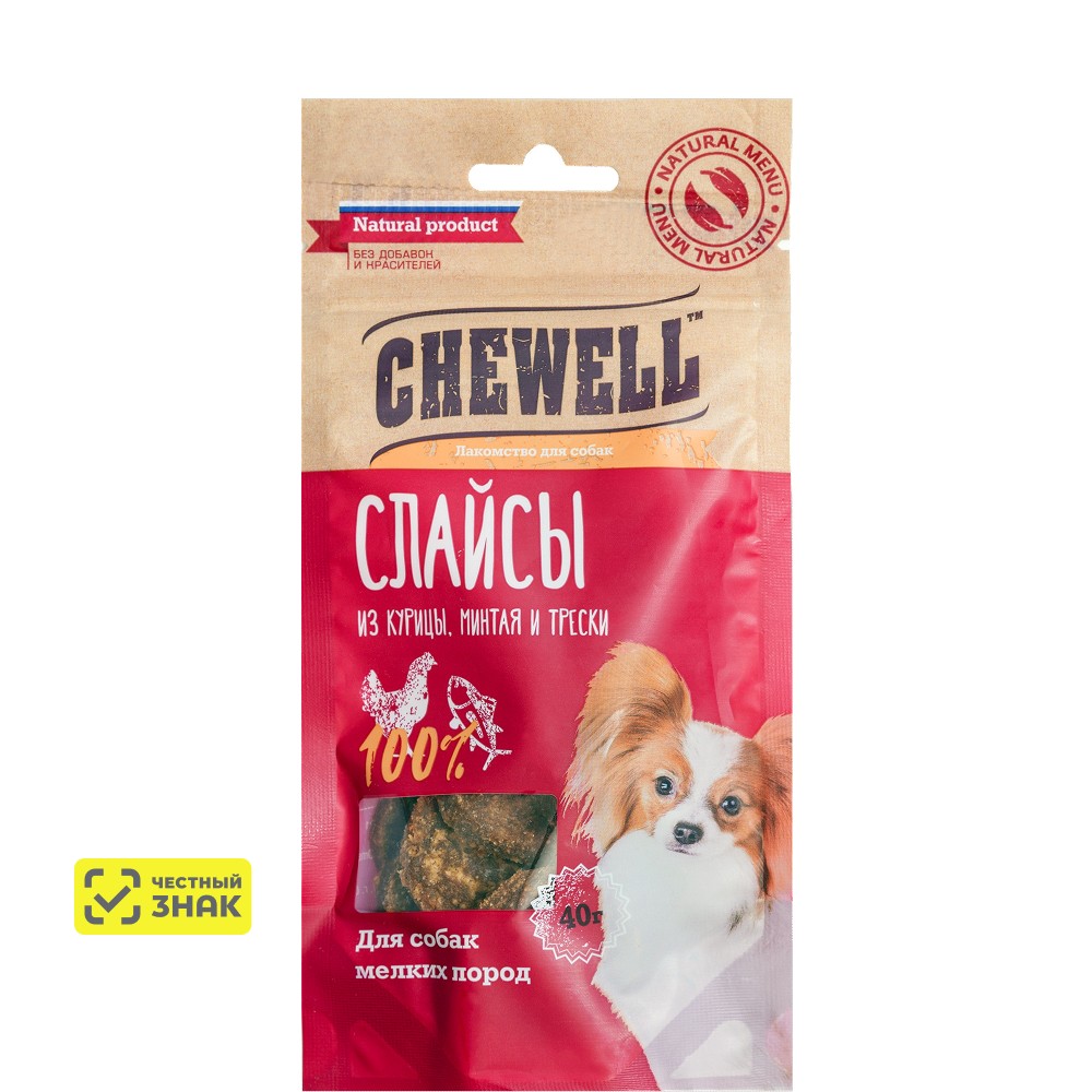 

Chewell Лакомство Слайсы из курицы, минтая и трески для собак мелких пород, 40 гр.