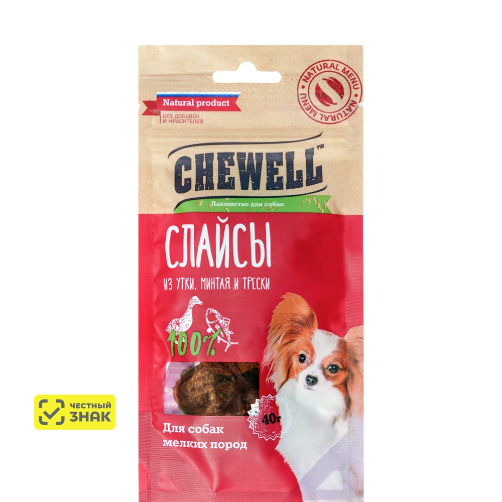 Chewell Лакомство Слайсы из утки, минтая и трески для собак мелких пород, 40 гр.