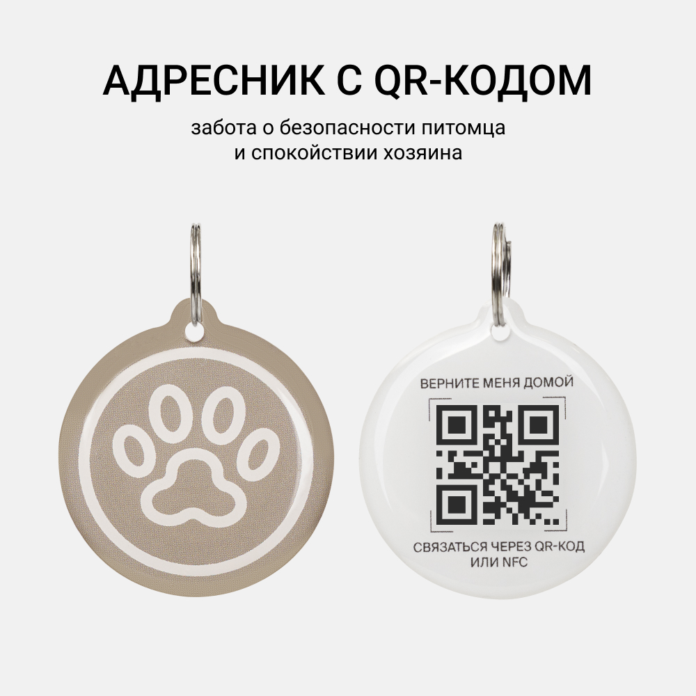 RURRI Адресник с QR-кодом и NFC-меткой для кошек и собак Лапка, диаметр 3,5 см, бежевый