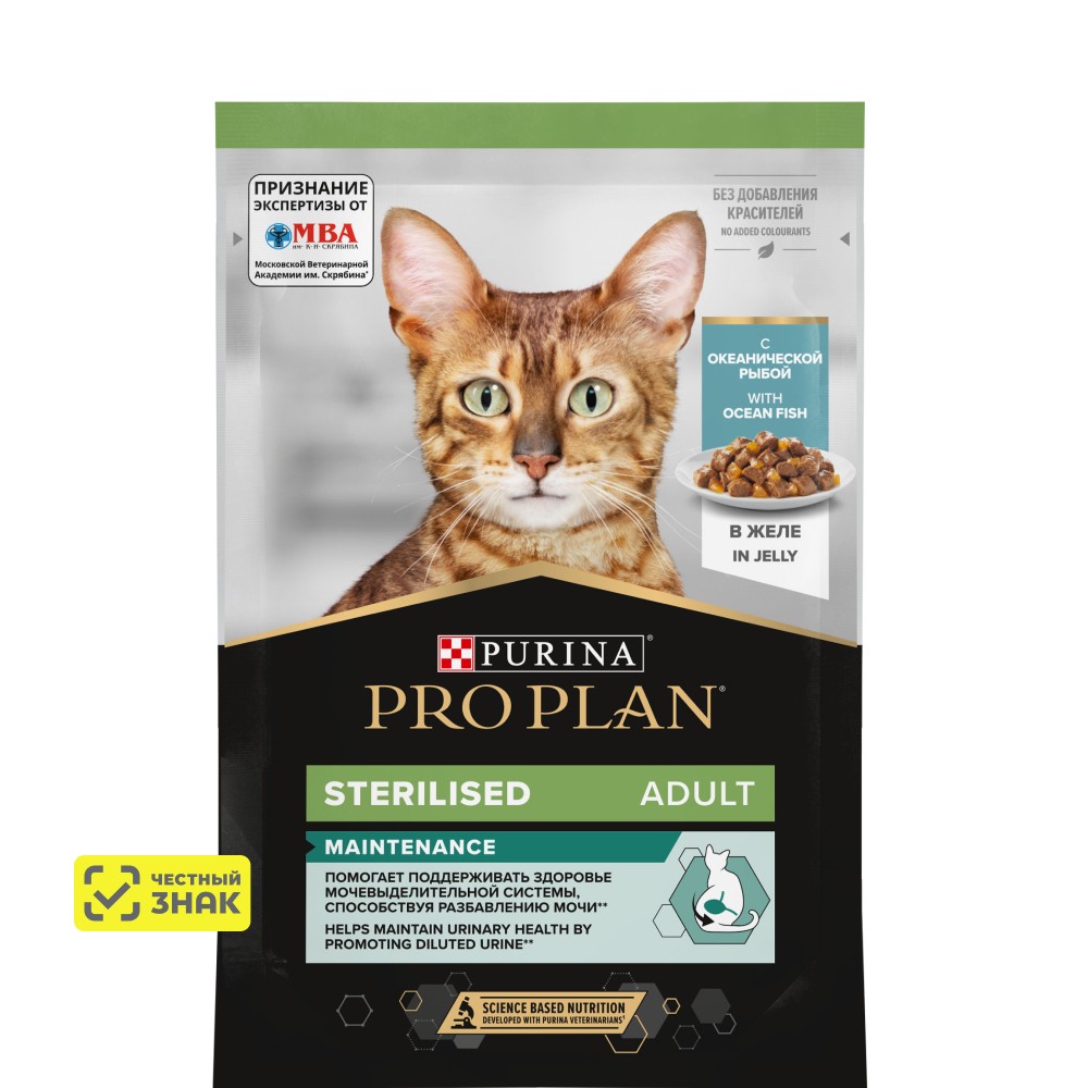

PRO PLAN® Sterilised Maintenance Влажный корм (пауч) для взрослых стерилизованных кошек и кастрированных котов, с океанической рыбой в желе, 85 гр.