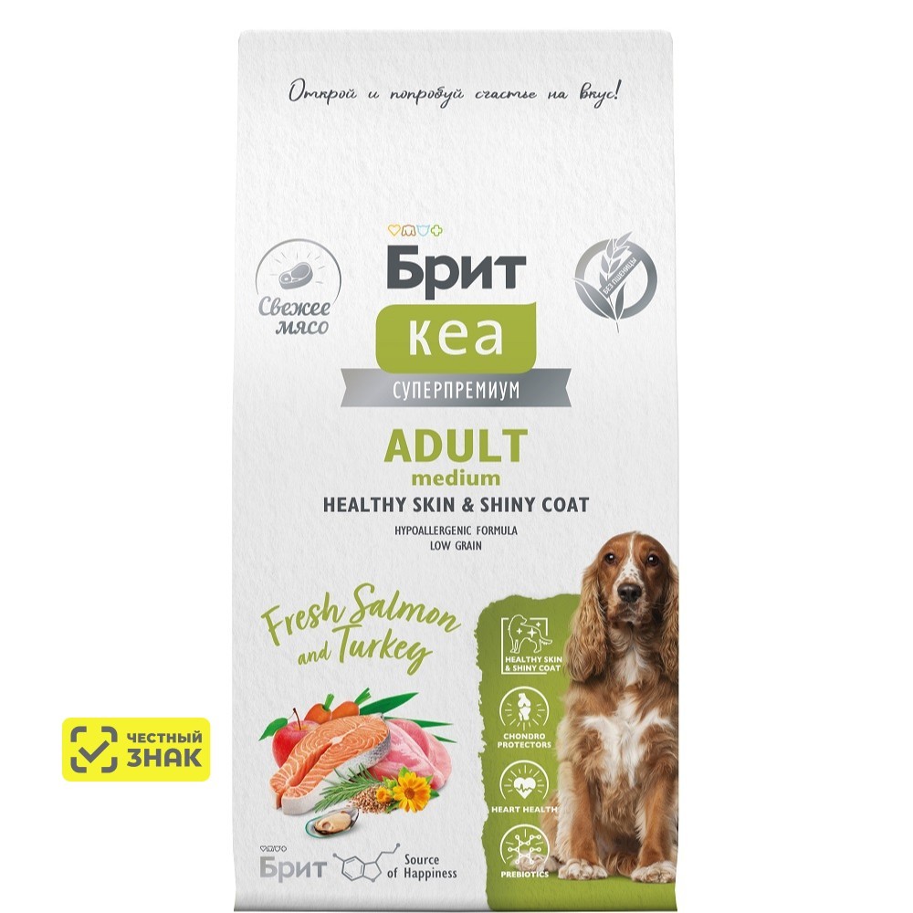 Брит Кеа Adult Medium Healthy Skin Shiny Coat Сухой корм для взрослых собак средних пород, с лососем и индейкой, 12 кг