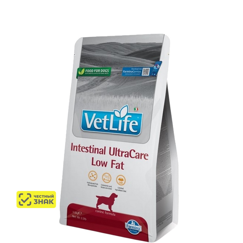 Farmina Vet Life Intestinal Ultracare Low Fat Сухой диетический корм для собак, при заболеваниях ЖКТ, с рыбой, 1,5 кг