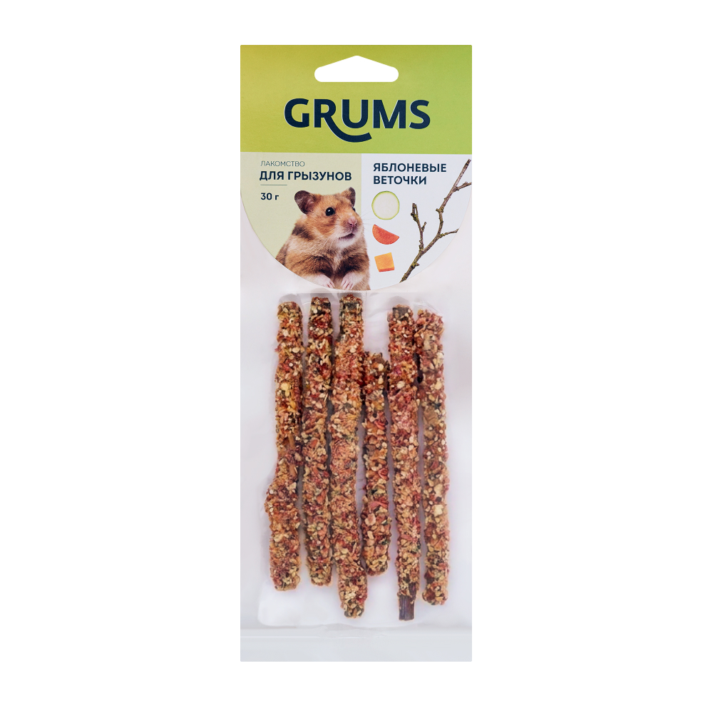 GRUMS Лакомство Яблоневые веточки в обсыпке из тыквы, моркови и кабачка для грызунов, 30 гр