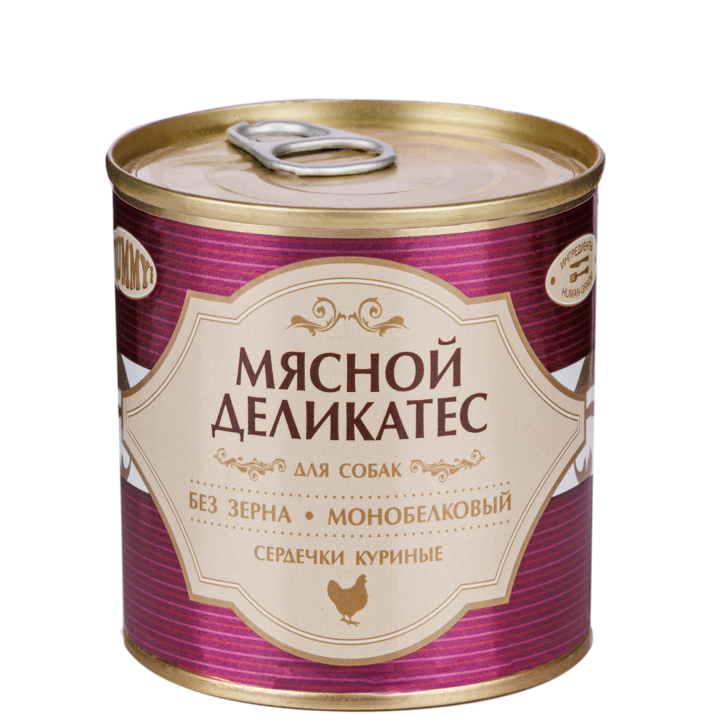 Yummy Влажный корм для взрослых собак Мясной деликатес, с натуральными куриными сердечками в желе, 750 гр