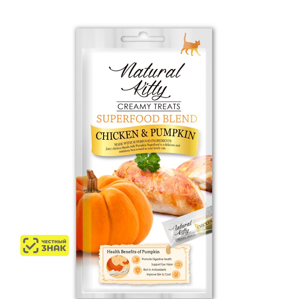 

Pettric Natural Kitty Лакомство Крем-суп с курицей и тыквой для кошек, 4х12 гр.