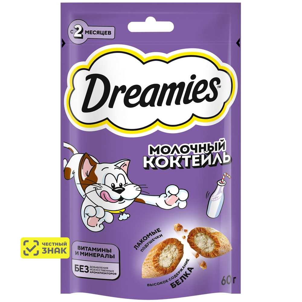 Dreamies Лакомство Молочный коктейль Подушечки с молочной начинкой для кошек, 60 гр