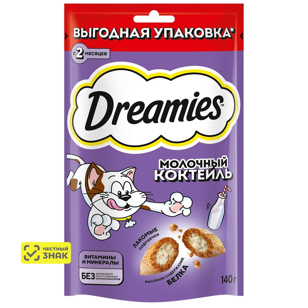 Dreamies Лакомство Молочный коктейль Подушечки с молочной начинкой для кошек, 140 гр
