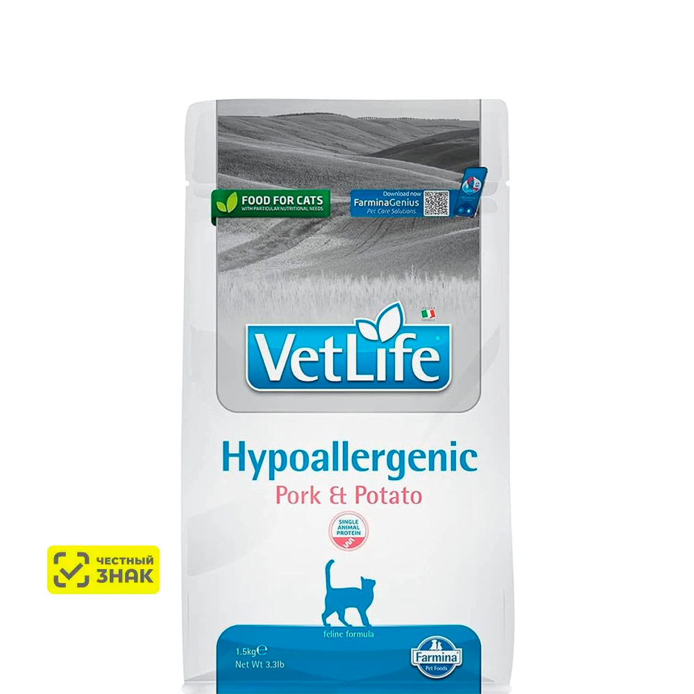 Farmina Vet Life Hypoallergenic Сухой диетический корм для кошек, свинина с картофелем, 1,5 кг