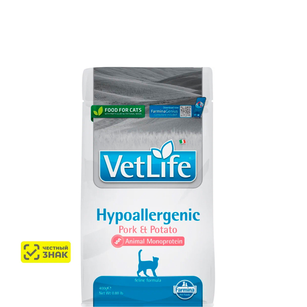 Farmina Vet Life Hypoallergenic Сухой диетический корм для кошек, свинина с картофелем, 400 гр