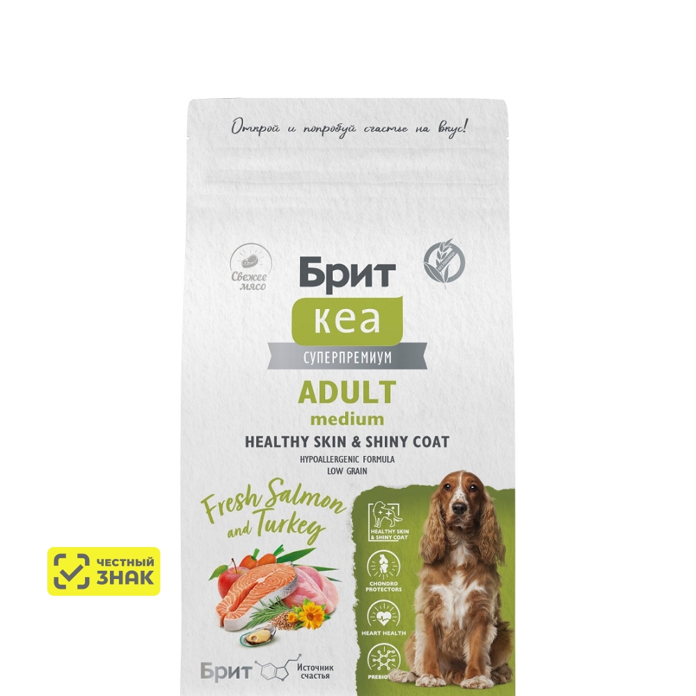 Брит Кеа Adult Medium Healthy Skin Shiny Coat Сухой корм для взрослых собак средних пород, с лососем и индейкой, 1,5 кг