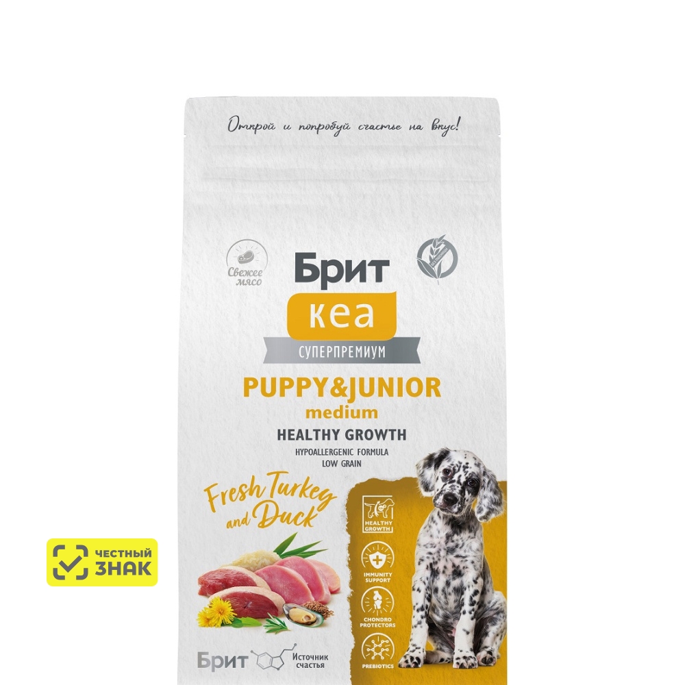 Брит Кеа Puppy And Junior Medium Сухой корм для щенков средних пород, с индейкой и уткой, 1,5 кг