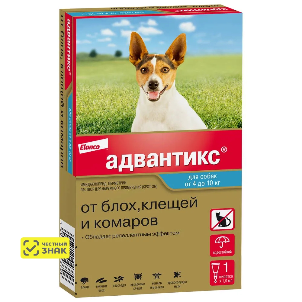 Elanco Адвантикс капли на холку для собак весом от 4 до 10 кг от блох, клещей и комаров, 1 пипетка, 1 мл
