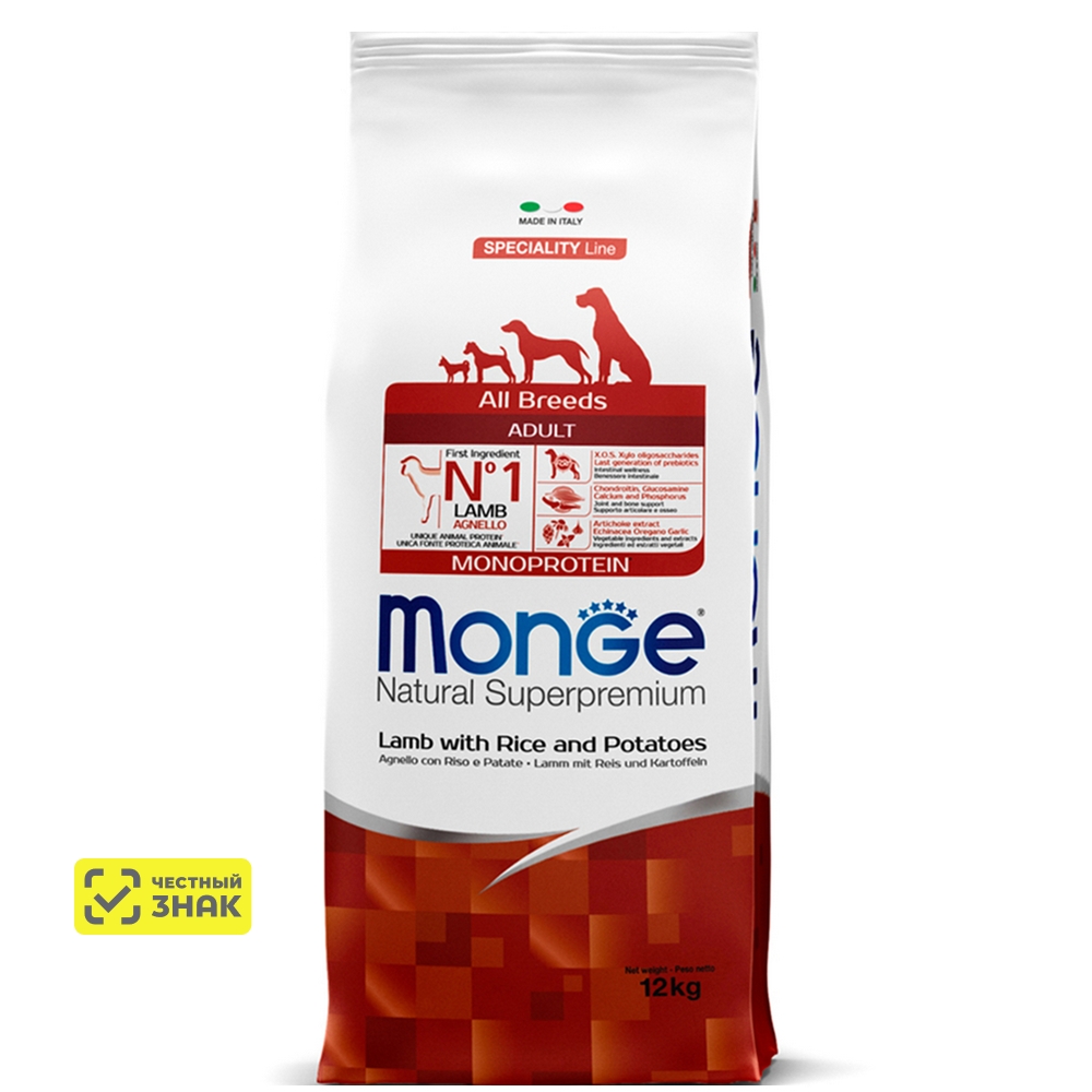 Monge All Breeds Adult Monoprotein Сухой корм для взрослых собак всех пород, с ягненком, рисом и картофелем, 12 кг