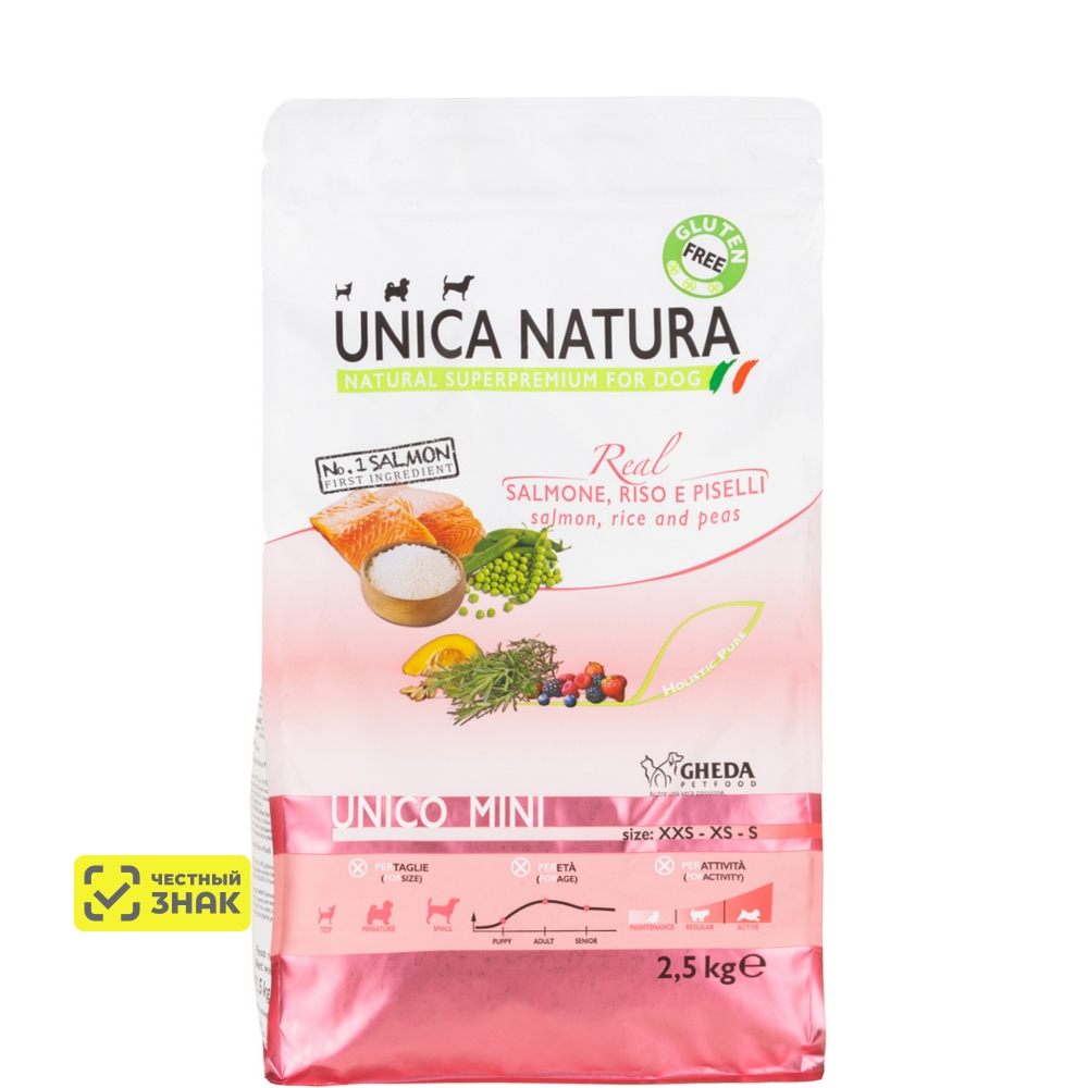 UNICA Natura Mini Сухой корм для собак мелких пород, с лососем, рисом и горохом, 2,5 кг