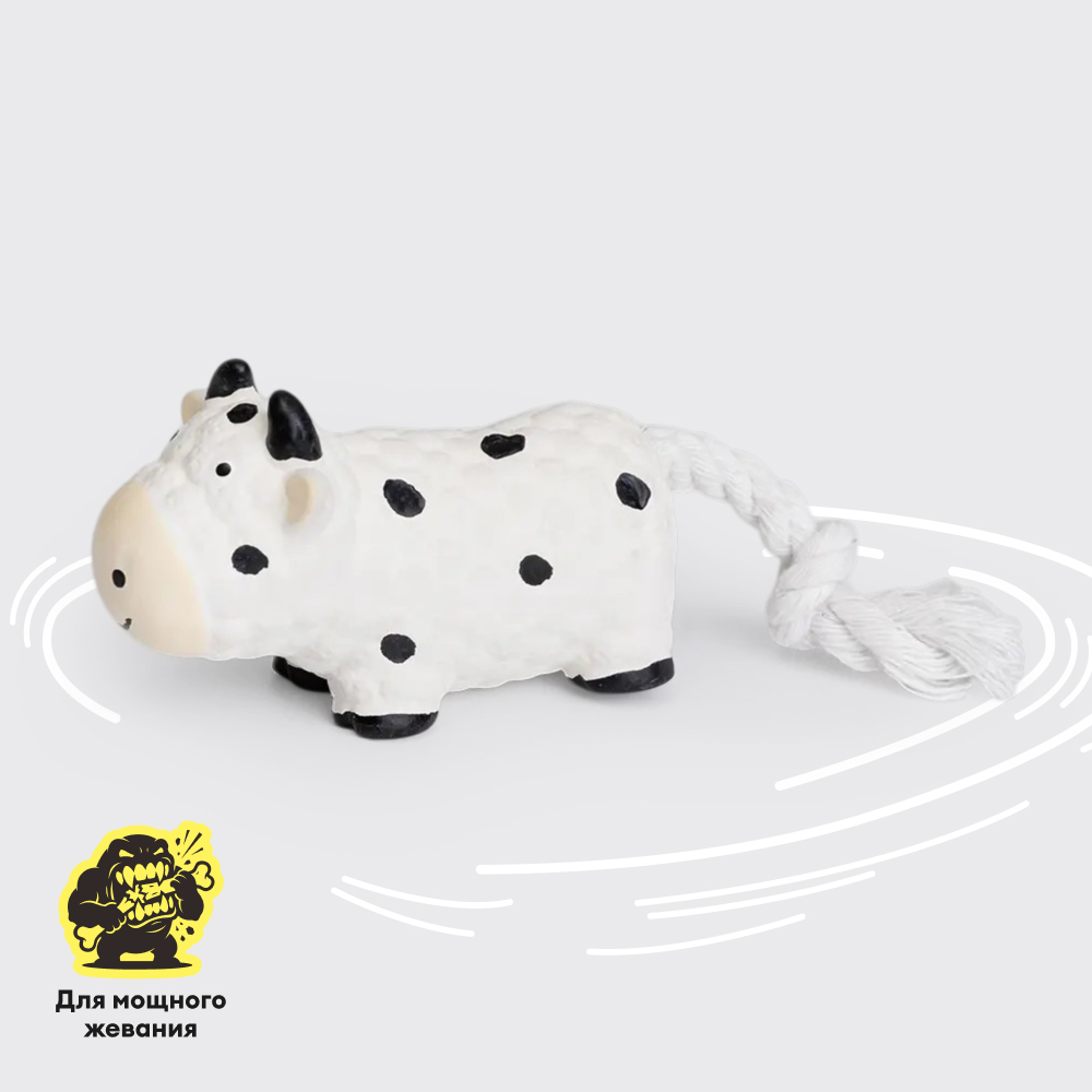 Petmax Игрушка из латекса для собак Корова с веревочным хвостом, 10х4х5 см