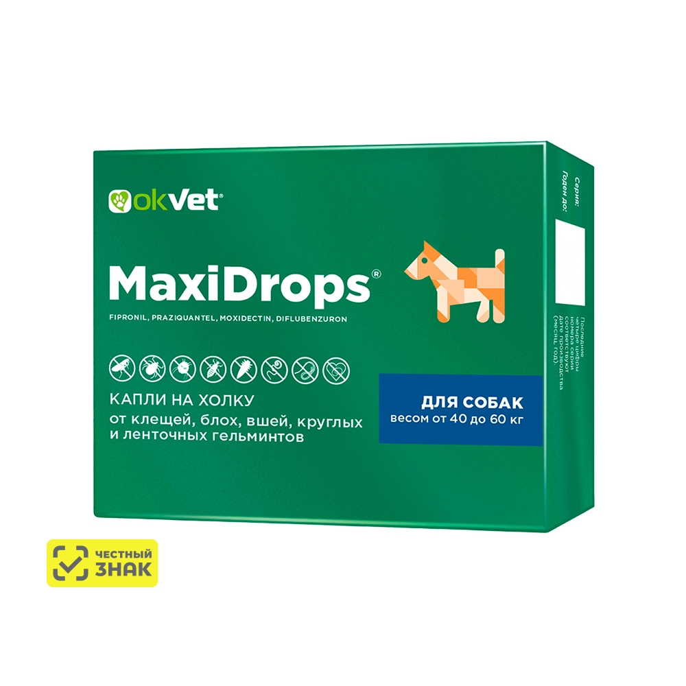 OKVET MaxiDrops капли для собак от клещей, блох, вшей и гельминтов от 40 до 60 кг (6 мл.)