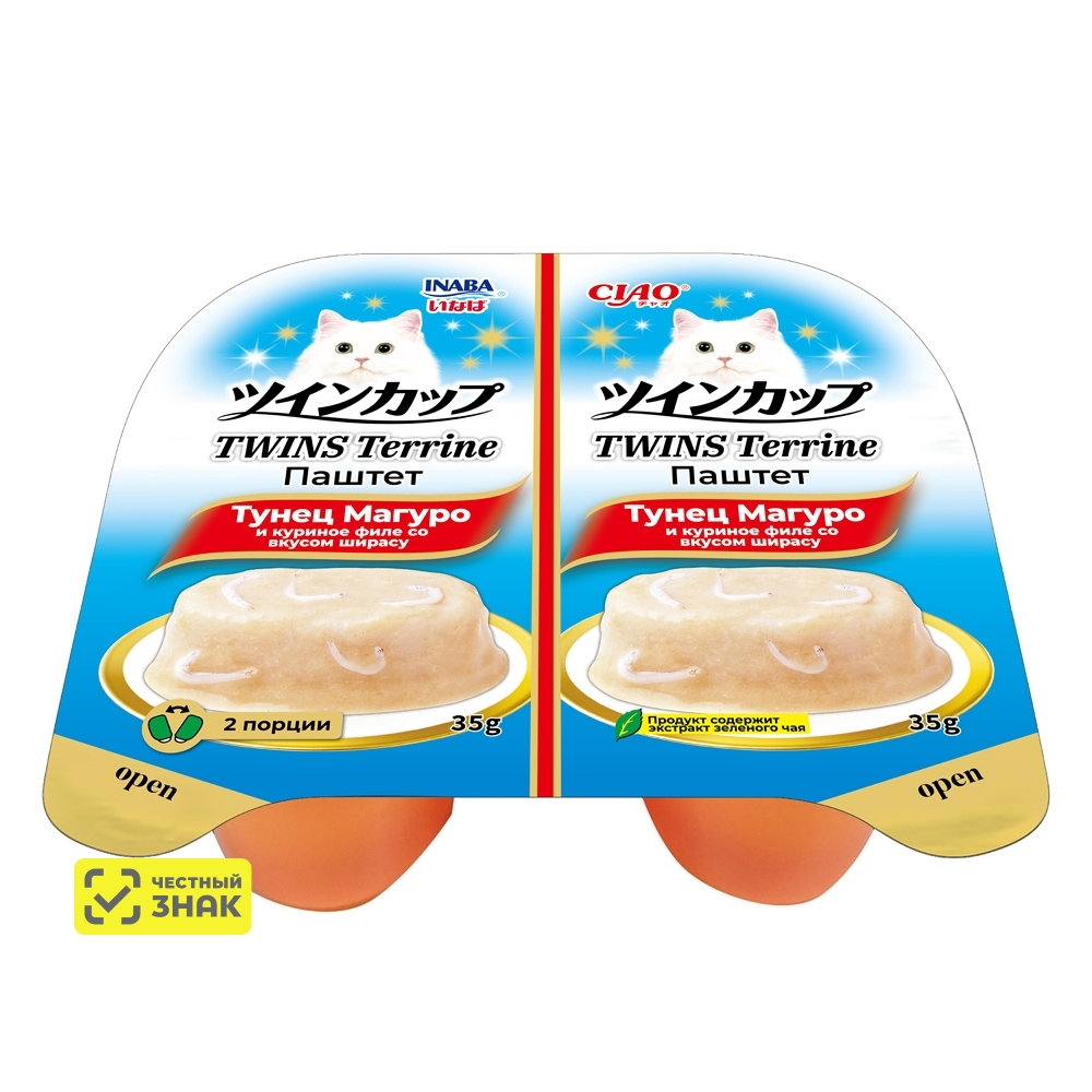 INABA CIAO Twins Terrine Влажный корм для кошек, паштет с тунцом магуро и куриным филе со вкусом ширасу, 70 гр