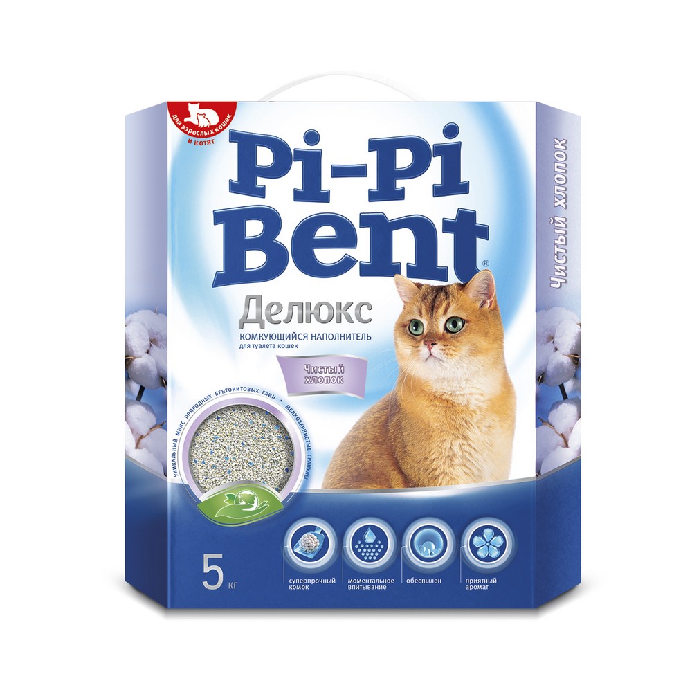Pi-Pi-Bent Наполнитель бентонитовый комкующийся для кошачьего туалета Делюкс, 12 л (5 кг), с ароматом чистого хлопка