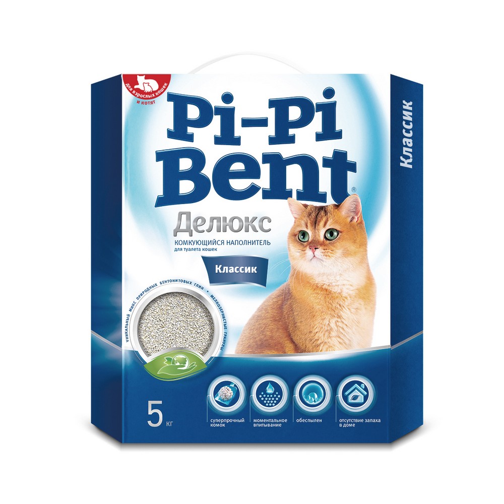 Pi-Pi-Bent Наполнитель бентонитовый комкующийся для кошачьего туалета Делюкс Классик, 12 л (5 кг), без аромата