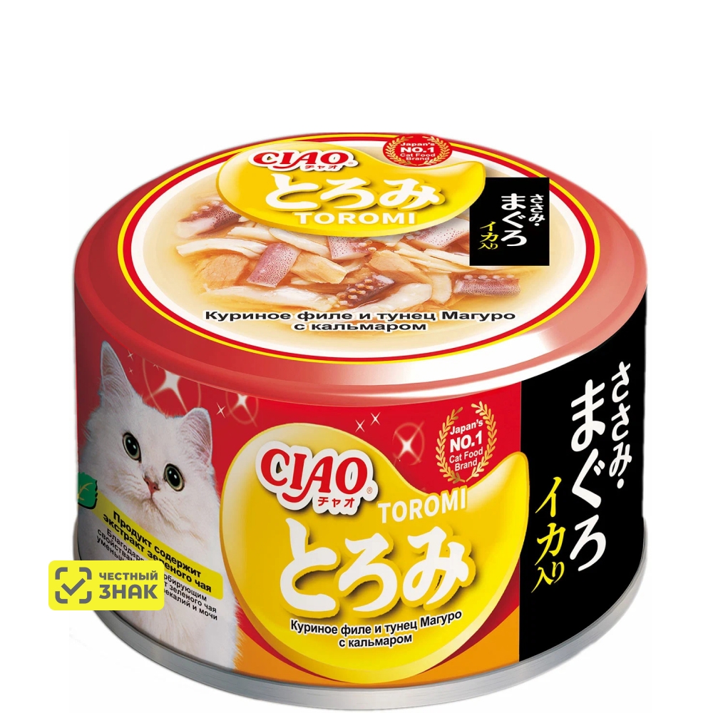 INABA CIAO Toromi Влажный корм (консервы) для кошек, куриное филе и тунец магуро с кальмаром в бульоне, 80 гр.