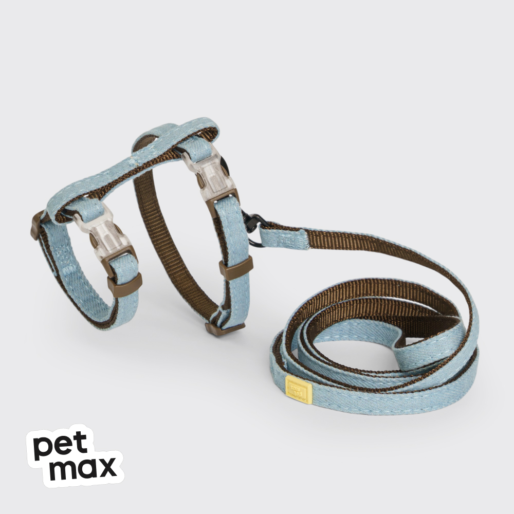 Petmax Шлейка с поводком для кошек, обхват груди 23-37 см, ширина ремешка 1 см, длина поводка 120 см, деним