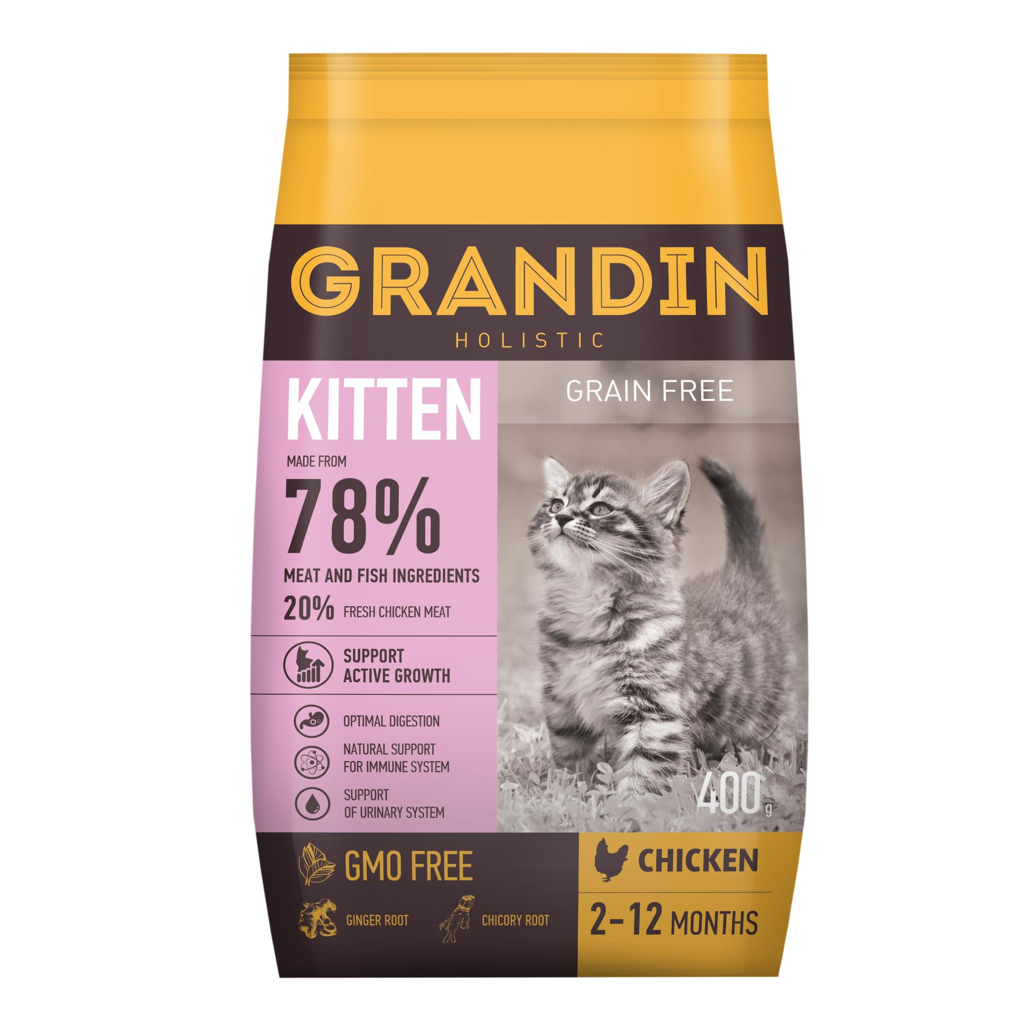 Grandin Kitten Корм сухой для котят в возрасте до 12 месяцев, беременных и  кормящих кошек, с курицей, 400 гр. Курица 400 г, цены, купить в  интернет-магазине Четыре Лапы с доставкой