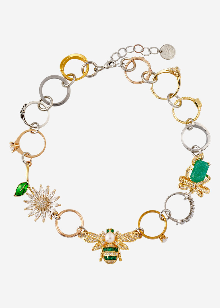 Биколорное колье с кольцами и кристаллами Rings