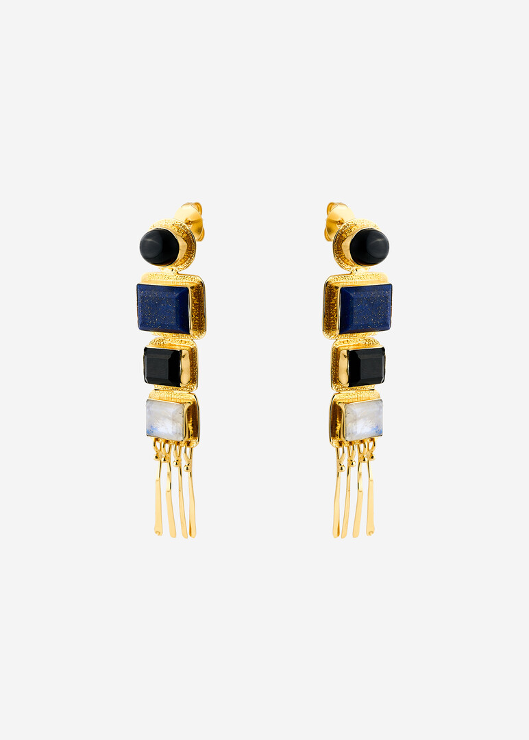 gold-plated nefertiti earrings with lapis lazuli and onyx