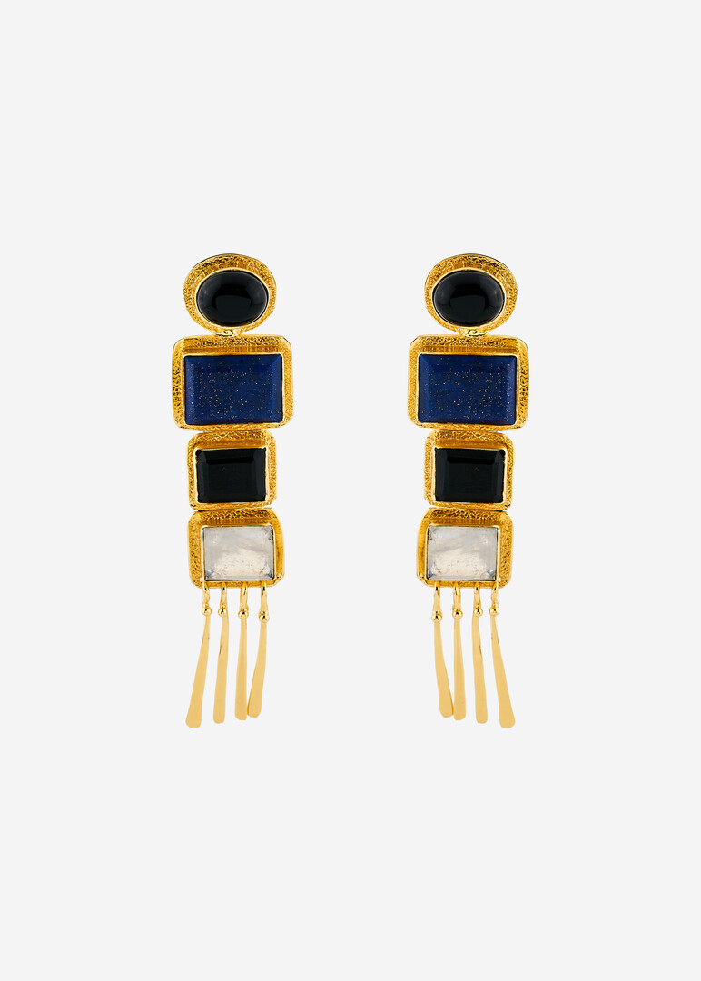 gold-plated nefertiti earrings with lapis lazuli and onyx