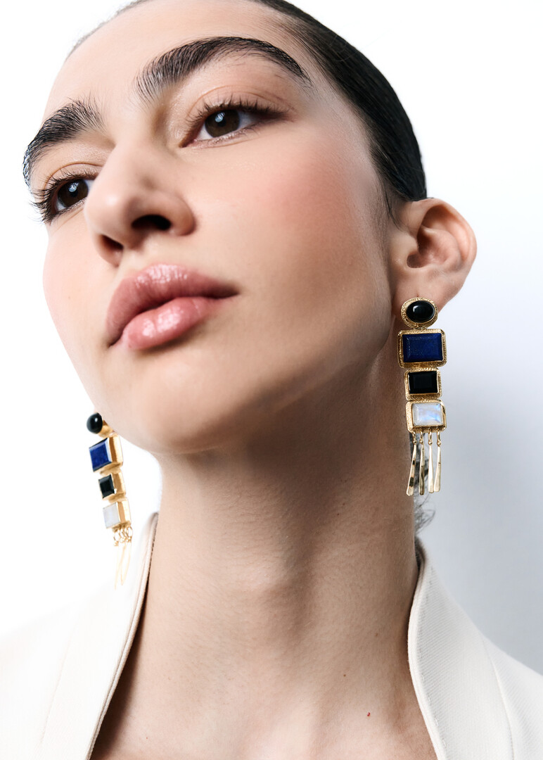 gold-plated nefertiti earrings with lapis lazuli and onyx