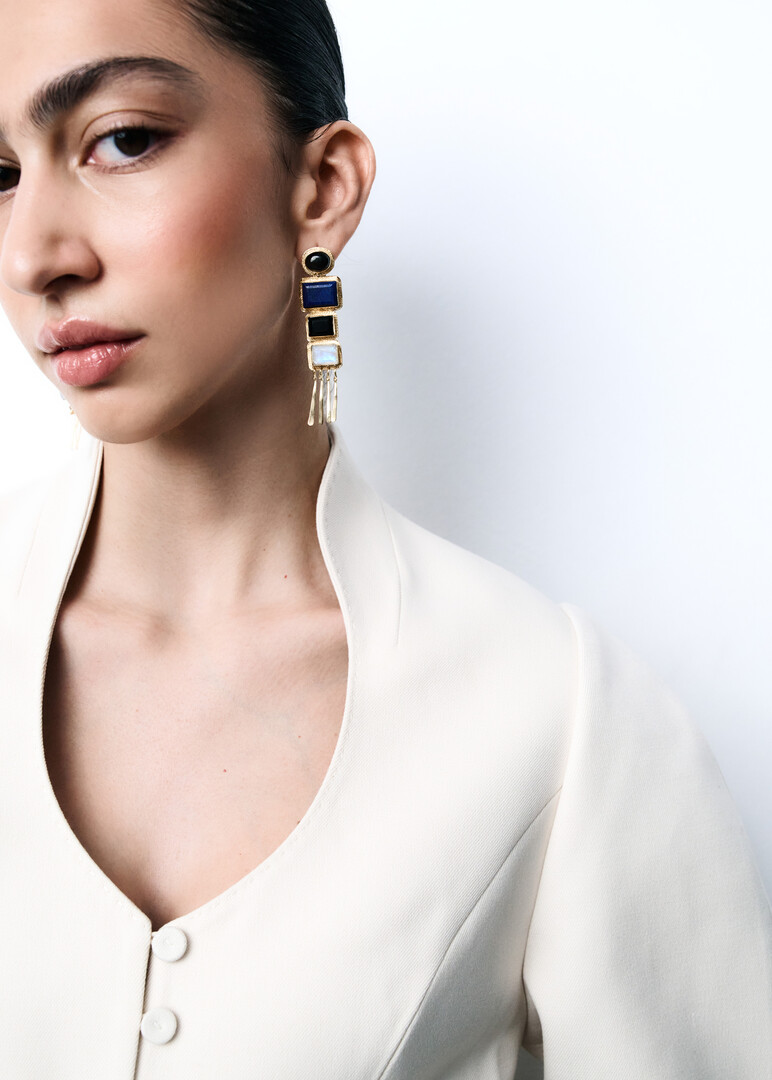 gold-plated nefertiti earrings with lapis lazuli and onyx