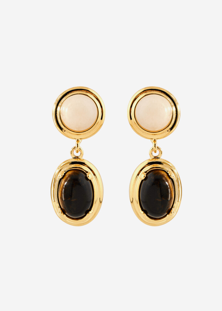 Gold earrings with white and brown stone