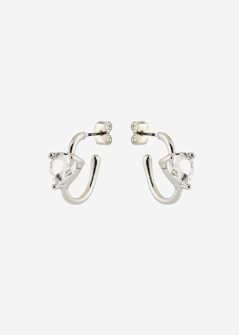 silver hoop earrings with crystals in the shape of hearts