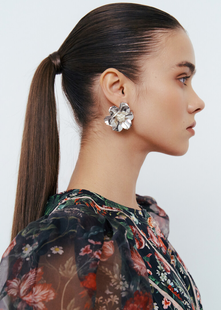 Silver Crumpled flower Earrings with a cluster of beads
