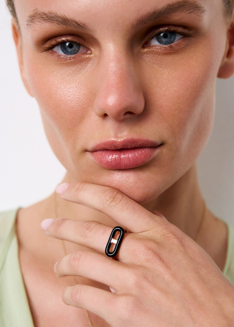 gold ring with diamond and enamel