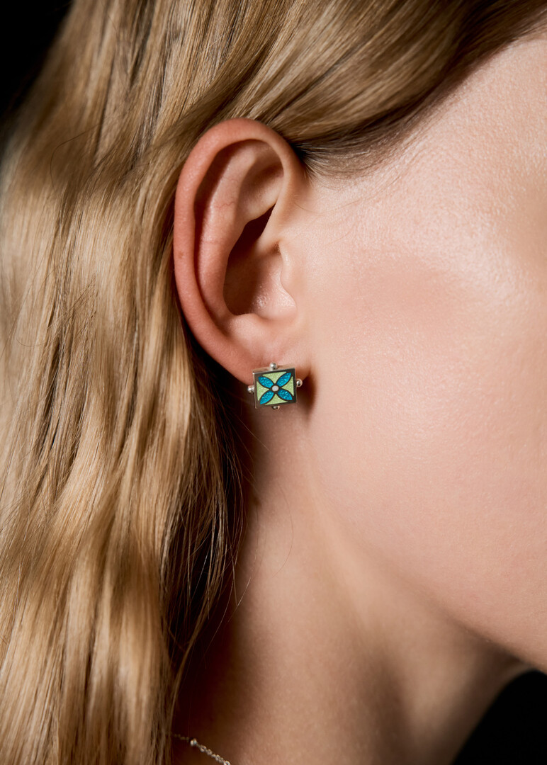 silver enamel stud earrings Azulejo